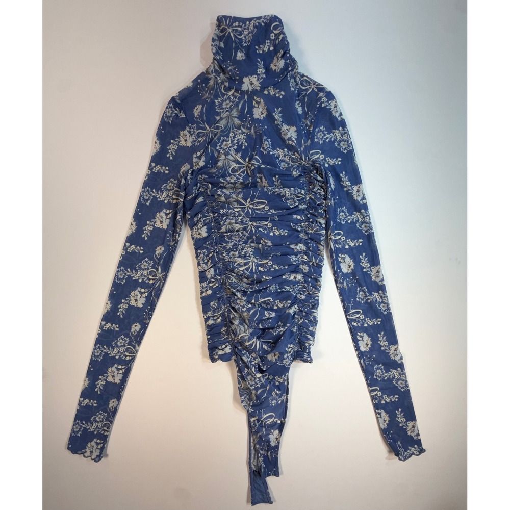 Intimately Free People Blue Floral Mesh Ruched Turtleneck Bodysuit XS OB1125217